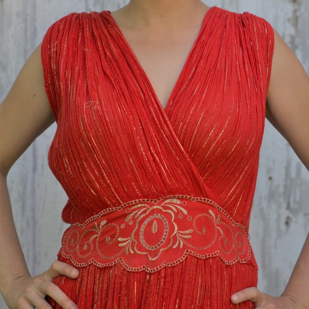 1970s Red and Gold Vintage Dress